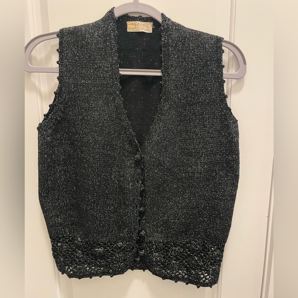LIKE NEW Vintage Wool Blend Black Sparkly Button Crop Sweater Vest